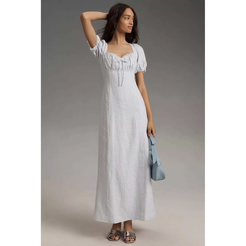 Reformation Cherise Linen Midi Dress Size 12 Blue Floral Regency Milkmaid